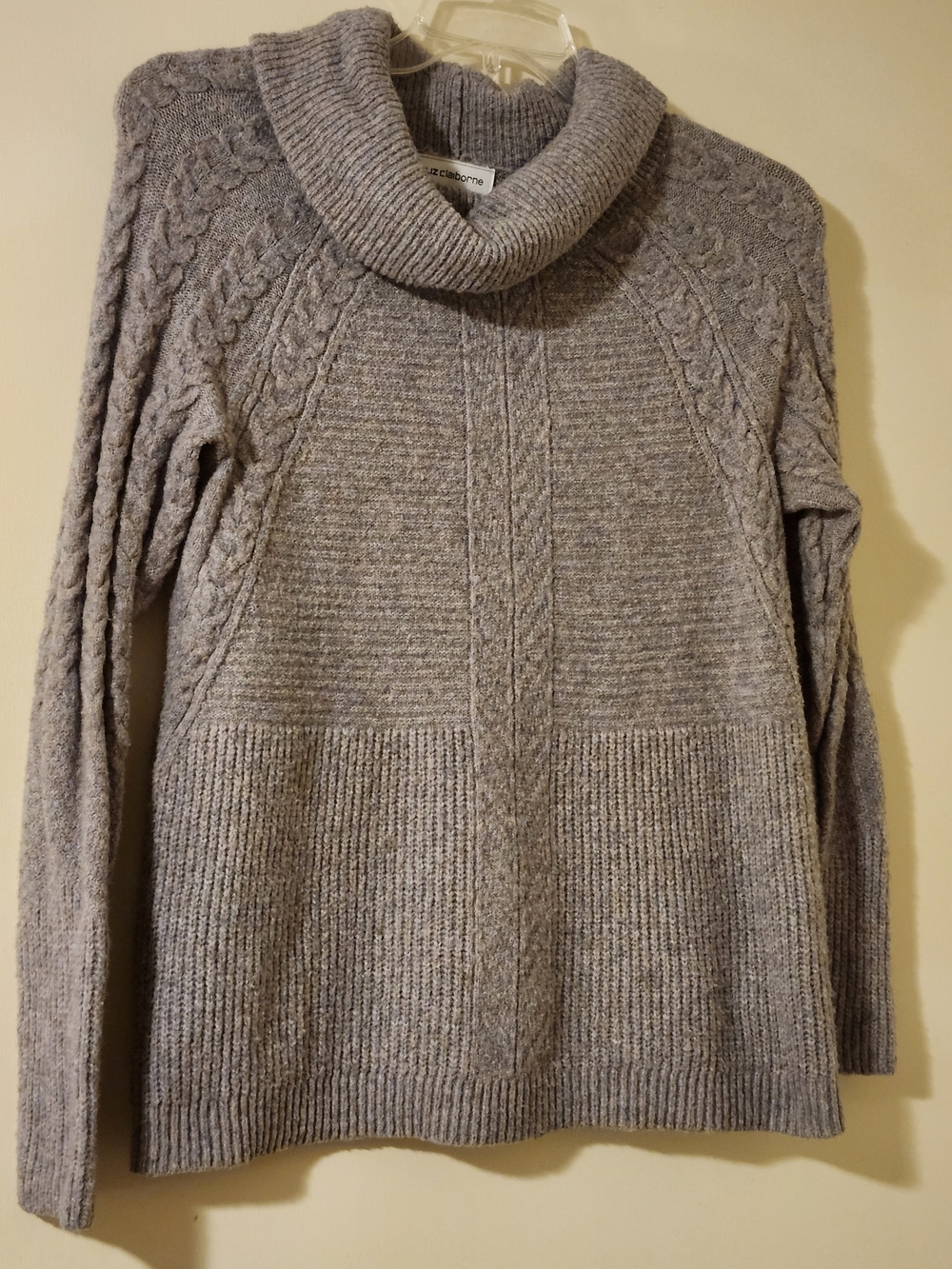Liz Claiborne Women's Cozy Cottagecore Gray Cable-Knit Cowl Neck Sweater M